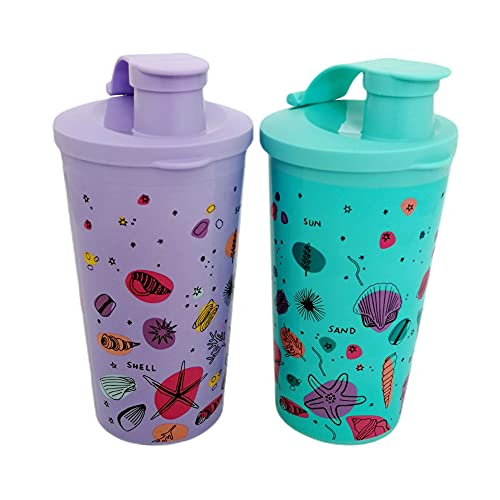 Tupperware Lot de 2 gobelets avec couvercle - 330 ml - Turquoise/violet - Coquillages d'été - Anti-fuite - Idéal pour smoothie - Eco Ecoeasy - Pour enfant
