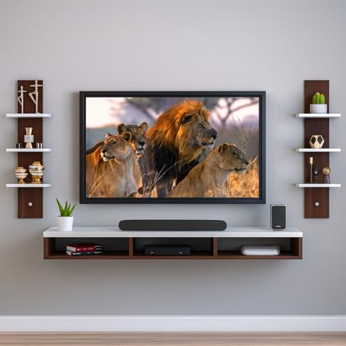 IWH IRON WOOD HANDICRAFT 32 INCH Tv Engineered Wood Wall Mount Tv Entertainment Unit/with Set Top Box Stand and Wall Shelf,Living Room (Brown-White)