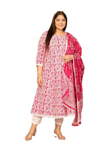 Image of MEERA FAB Women's Pure Cotton Printed Anarkali Kurta with Palazzos & Dupatta