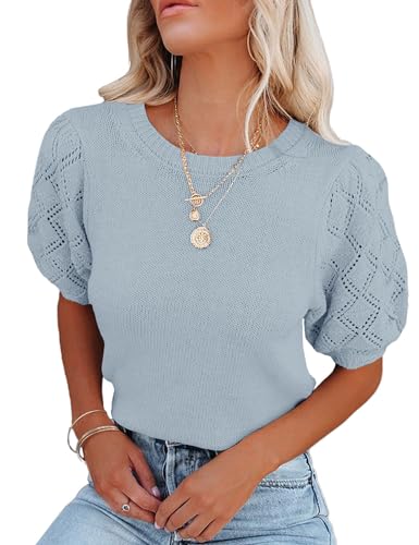 Image of Womens Short Sleeve Sweaters Crewneck Knit Pullover Tops 2025 Summer Casual Lightweight Crochet Blouse Shirt