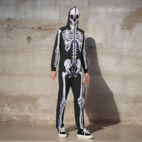 Combinaison squelette d'Halloween imprimé squelette 3D une pièce à capuche - 3