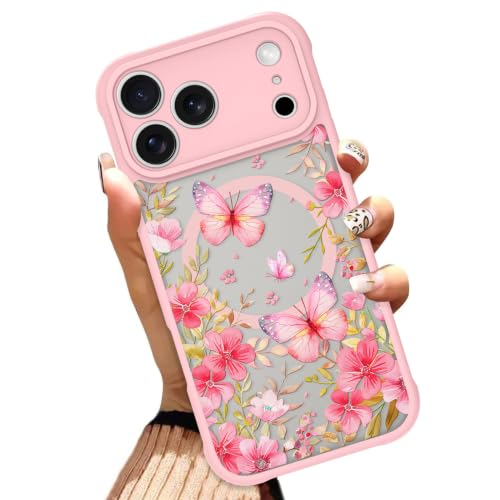 OOK Pink Phone Case for iPhone 17 Pro Max 6.9 Inch, Butterfly Floral Flower