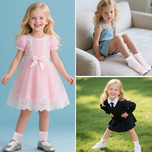 3 Pack White Ruffle Socks, Cotton Sock Breathable Mesh Socks for Girls Toddler Dress4