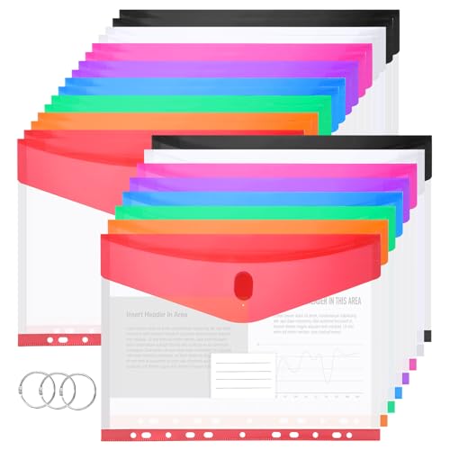 Lot de 24 porte-documents A4 étanches - Pochettes transparentes avec fermeture - 11 trous - Pour bureau, école, maison privée - 8 couleurs