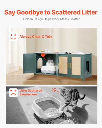 VEVOR Katzenschrank, 1200x450x500 mm, Katzentoilette mit 4 Rattantüren & 2 Eingängen, Katzenklo Schrank für den Innenbereich, Katzenhaus passend für die meisten Katzentoiletten, grün