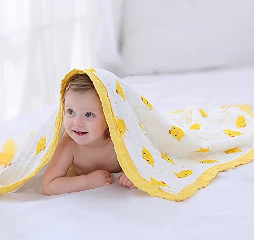 Image of Kassy Pop Printed 6 Layer Bamboo Muslin Blanket Cum Swaddling Towel for Baby, Toddlers | 70% Bamboo, 30% Cotton | AC Quilt, Multi-Purpose Blanket | Toxin Free | 110cm x 110cm (Yellow Duck Print)