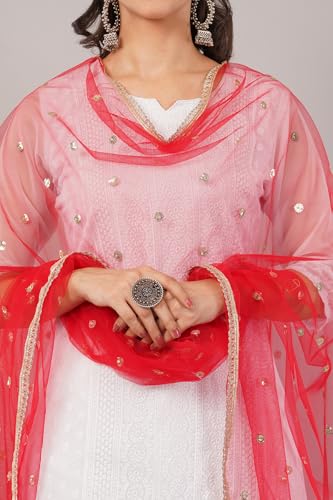 Image of Net Butti Dupatta for Women | Golden Lace Border Chunni | Butti Work Odhani | Wedding & Bridal Styling | Lightweight Drape | Kurti & Salwar Suit