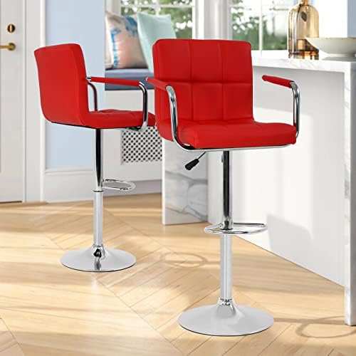 Bar Stools Set of 2 Black Bar Chairs with Arms, 360 Degree Swivel Counter Height Stools Adjustable Bar Stool with Back and PU Leather Bar Chair Modern Island Chairs for Kitchen Dining Room Pub (Red)