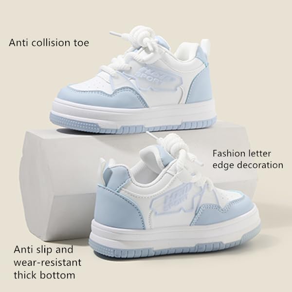 Kids Athletic Sneakers, White and Light Blue, Lace-up Sports Shoes2