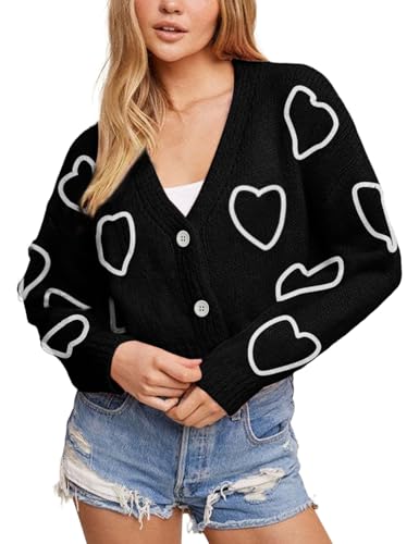 Image of Yimoon Women's Valentines Heart Cardigan Sweater Cute Cropped Knit Sweater Oversized Button Down Cardigan Top