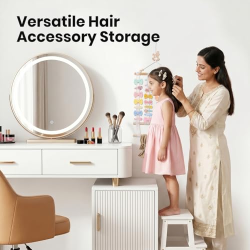 Image of HASTHIP Wooden Wall Hanging Hair Accessories Organizer Boho Macrame Baby Hair Clip Organizer for Girls Bow Holder Headbands Baby Clips Nursery Storage Display with Lace Strips for Kids Room Decor