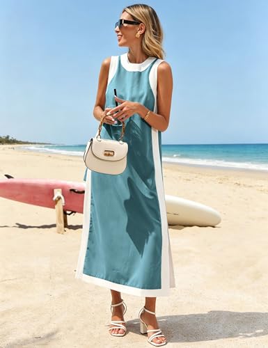 Image of Hooever Women's 2 Piece Sets Boho Color Block Sleeveless Maxi Dress Matching Shorts with Pockets