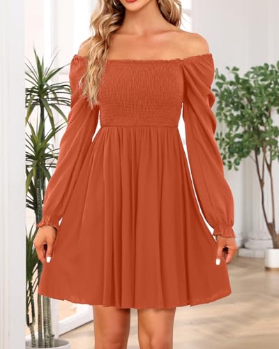 Image of Holipick Women's Casual Square Neck Smocked Dress Shirred Ruffle Puff Sleeve High Waist Cute Flowy A-Line Short Dress