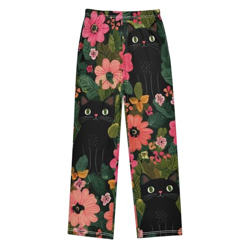 Cat Tropical Flowers Boys Long Pants Soft Trousers Elastic Waist Kids Lounge Bottoms with Pockets S-XL