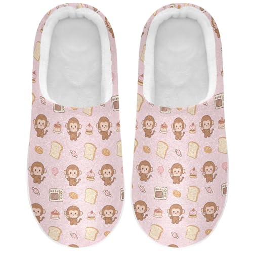 Cute Monkey Dessert Bread Pink Slippers for Women Men Indoor Slippers Memory Foam Fuzzy Slippers House Shoes for Indoor Outdoor Size 6/7 2301326