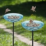 Acellegic 2 Pcs Glass Bird Baths for Outdoors Blue Glass Bird Bath Bowl with 38 Inch Metal Stake Birds Standing Feeder for Garden, Yard Lawn, Patios or Porches