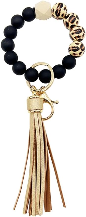 Silicone Keychain For Keys Tassel Wooden Beads Wrist Keyrings Bracelet Women Men Keychains House Car Keys Keychain for Women with Leather Tassel KeyRing