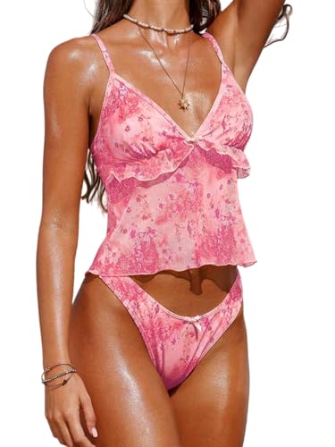 Image of ZAFUL Women's V Neck Mesh Ruffle Floral Tummy Control Bikini Swimsuit | Ajustable Straps, Sexy Plunging Neck, Relaxed Tummy Control Tank Top, High Cut Bikini Bottom, 2 Piece Bathing Suit