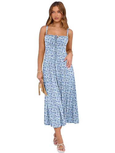 Image of YATHON Women's Summer Midi Corset Boho Dresses Spring Casual Floral Spaghetti Straps Lace Up Dress Flowy Aline Beach Sundress