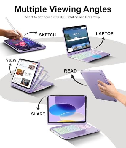 Image of Baisla for iPad (A16) 11th /10th Gen Case with Keyboard, 360 Rotating,Trackpad Keyboard for iPad Air 11(M4 /M3 /M2)&iPad Air 5th /4th /Pro 11 4th /3rd /2nd /1st,Rainbow Backlit with Pencil Holder-Light Purple