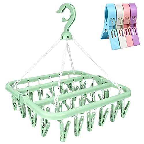twirush Sock Dryer, 32 Peg Sock Hanger for Washing Line, Foldable Indoor Sock Dryer with 4 Large Beach Towel Clips Quilt Clips for Underwear Clothes Shoe Insoles Underwear Baby Clothes & Hats (Green)
