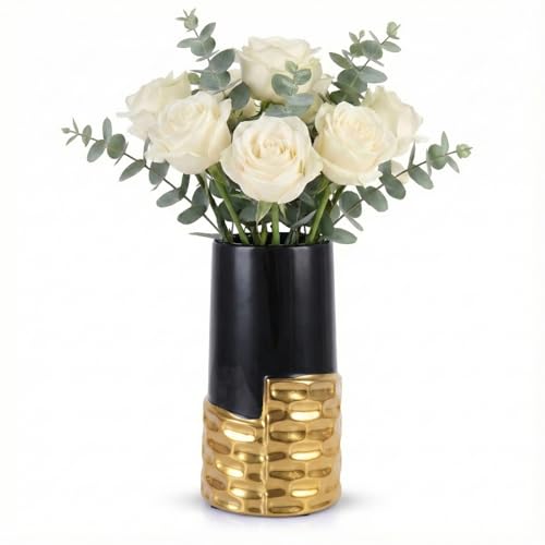LCCCK 7.0" Gold Hammered Vase Home Decor, Elegant Ceramic Black and Gold Flower Vase for Pampas Grass Decorative, Boho Small Cylinder Vases Centerpiece, Dining Table Living Room Jarrones Art