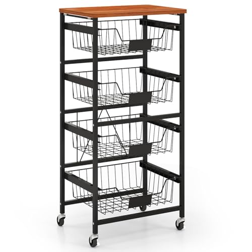 KOMFOTTEU Carro de Verduras y Frutas con Ruedas, Cesta Móvil de Frutas con Tapa de Madera, Carrito Auxiliar con Marco de Metal y Cestas Extraíbles de Malla (4 Cestas, 42 x 31 x 89 cm)