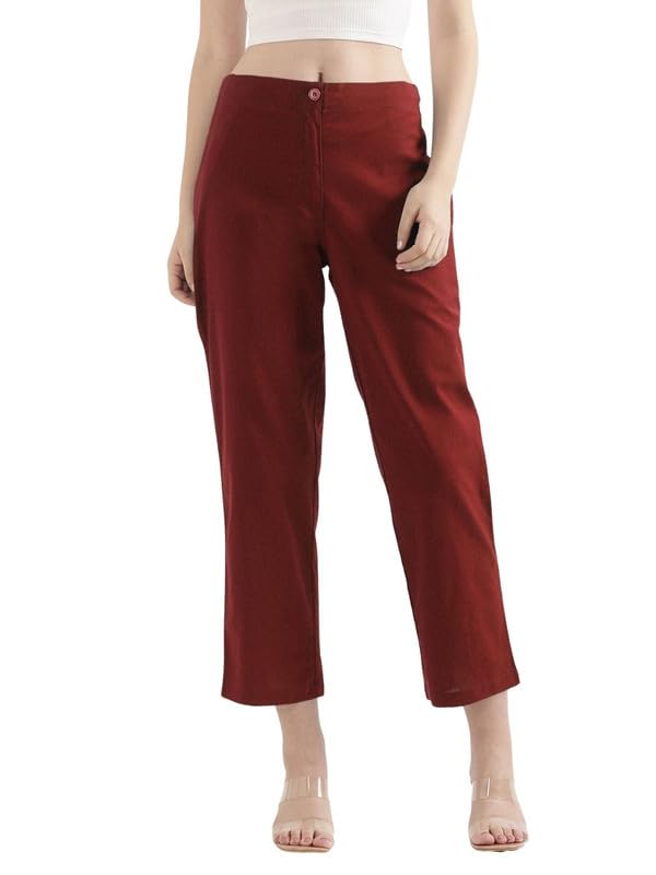 Image of SAADAA Women's Airy Linen Straight Pants | Regular Fit Trousers | Half Elasticated with Drawstrings & Buttons | 4 Pockets | Everyday & Office Wear