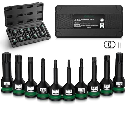 Image of JiGiU 10PCS 1 /2 inch Drive Impact Torx Bit Socket Set S2 Steel Star Sockets | Star Bit Socket T25, T27, T30, T40, T45, T50, T55, T60, T70, T80 with Storage Case for Professional Mechanic and Auto Repair