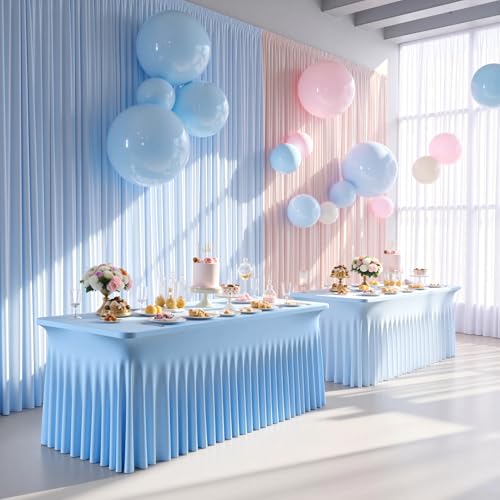 Image of 4 pk Baby Blue Spandex Tablecloth 6ft with Ruffle Skirt, Wrinkle Free High Stretch Fitted Tablecloths for 6 Foot Rectangle Tables, Blue Eastic Spandex Table Covers 6ft for Parties Banquet Weddings