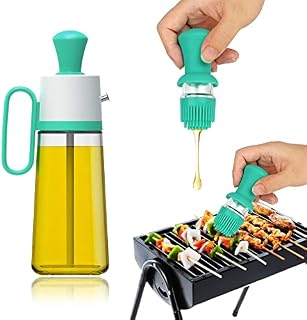 LIRANK 2 in 1 Oil Dispenser Bottle with Stainless Steel Spout and Silicone Brush, Oil Measuring Dropper, Oil Dispensing Glass Bottle for Kitchen Cooking, Baking, BBQ, Air Fryer (Green)