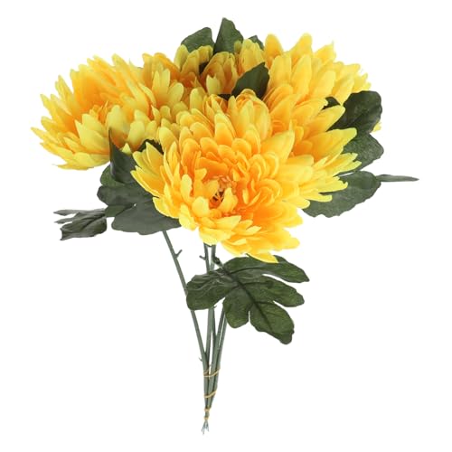 SWETRACE 5 Pezzi Fiori Artificiali Gialli di Crisantemi Realistici per Decorazioni Casa e Composizioni Floreali per Cimiteri Resistenti allo Sbiadimento