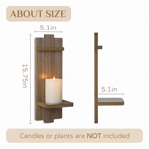 Walasis Wall Candle Holders Set of 2: Wooden Candle Sconces Vingtage Wall Art Decor (Light Brown)
