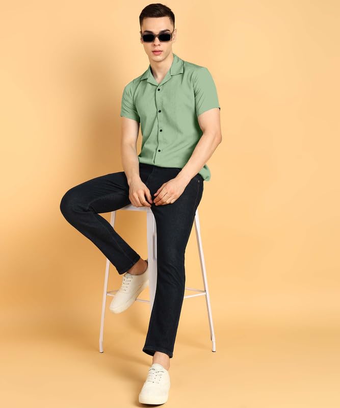 Image of COMBRAIDED Men's Solid Cotton Blend Half Sleeve Shirt - Regular Fit Casual Button-Down Shirt for Office & Travel - Summer & Spring