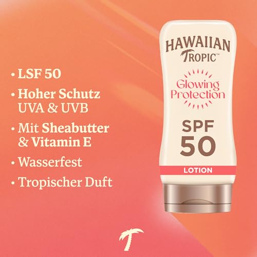 Hawaiian Tropic Glowing Protection Sunscreen Lotion, wasserfeste Sonnencreme mit LSF 50 UVA- + UVB-Schutz, tropischer Duft, mit Sheabutter, 180 ml – Bild 3