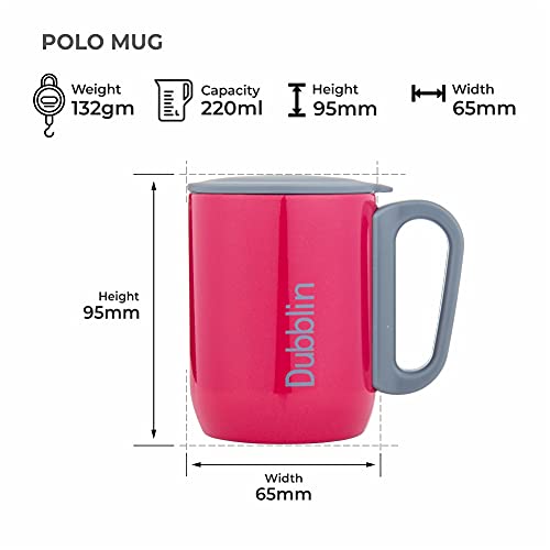 Image of DUBBLIN Polo Stainless Steel Unbreakable Tea Coffee Mug Double Wall with Handle and Lid, Wide Mouth Mug Keeps Beverages Hot & Cold 220 ML Pink