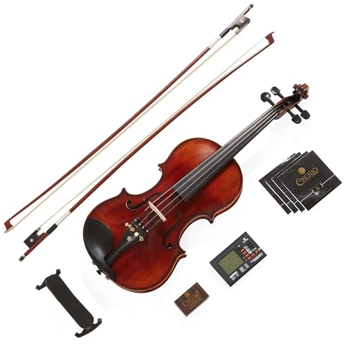 Mendini By Cecilio 4/4 Violin For Beginners, Black Solid Wood - Flamed Acoustic Violins Set with Case, Tuner, Shoulder Rest, Bow, Rosin, Bridge & Strings