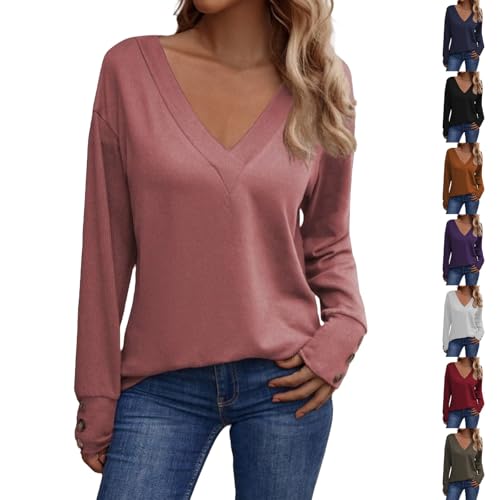 Women's chic V-neck t-shirt, long sleeve oversize t-shirt, casual t-shirt, loose top, mid-season top, everyday clothing, solid colour, loungewear, home t-shirt, simple top, Blue, XXL Women's chic V-neck t-shirt, long sleeve oversize t-shirt, casual t-shirt, loose top, mid-season top, everyday clothing, solid colour, loungewear, home t-shirt, simple top, Blue, XXL