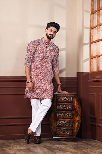 Image of ALMORA Men's Embroidered with Thread Work and Cotton Blend Only Slim Fit Kurta for Men
