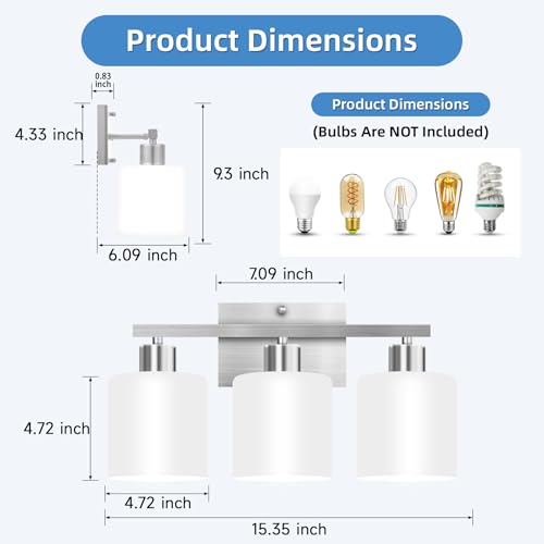 Image of SILAMPDI Bathroom Light Fixtures Brushed Nickel, 3-Light Bathroom Lights Over Mirror, Bathroom Vanity Lights for Bedroom, Living Room, Hallway, Milky White Glass Shades, E26 Base, Bulbs Not Included