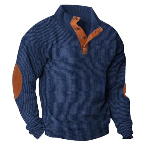 Lexiart Men's Casual Corduroy Sweatshirt Long Sleeve Thermal Stand Collar Button Pullover Sweatshirts Navy Blue Cover