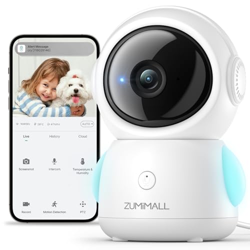 ZUMIMALL 360° Indoor Security Camera, 3MP Baby Monitor Camera, 24/7 Recording Wired Security Camera, 5G/2.4G WiFi Pet Camera, Cry Detection/One-Click Call/Real-Time Alarm/Auto Tracking/AI Analysis