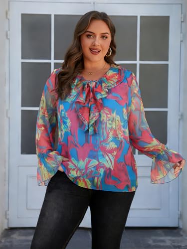 Charming Ashley Plus Size Floral Blouse for Women with Long Sleeve Ruffled Collar V Neck Tie Casual Top for Summer Spring Yellow Floral — view 4
