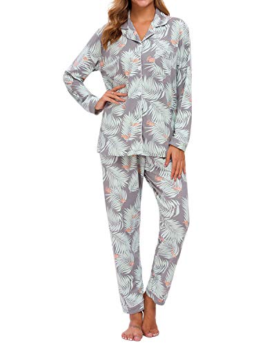 Chelsil Pajamas Set for Women Button Down Pajama Floral Long Sleeve Sleepwear Lady Nightwear Soft Lounge Set Grey L