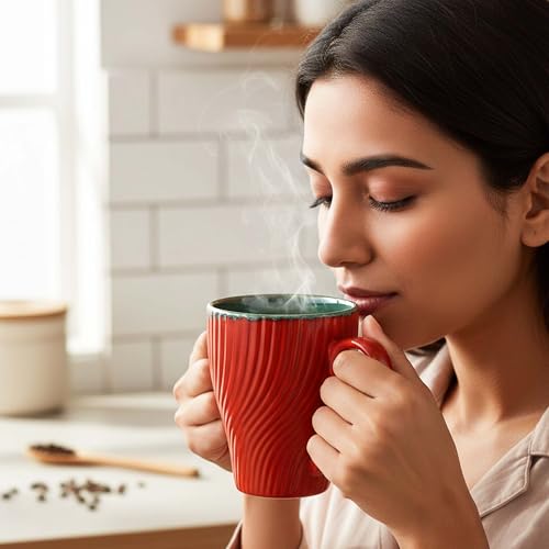 Image of The Earth Store Red Fusion Wave Coffee Mug - 300ML Ceramic Coffee Mugs Set of 4 | Microwave & Dishwasher Safe Mugs for Gift | Home | Office | Restaurant | Daily Use Tea Mug