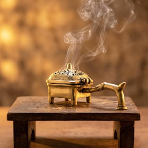 Image of ExclusiveLane 'Divine Aroma' Brass Incense Burner with Handle (100% Pure Brass, 6.3 Cm, 0.45 Kg, Hand-Etched) | Sambrani Holder Loban Dani Dhoop Holder Dhoop Dani Loban Burner