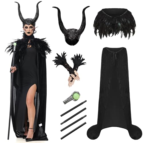 MOMOSTAR Malefiecent Kostüm Damen, 6 Teiliges Teufel Kostüm, Halloween Accessoires Malefiecent mit Feder Schal Hörner Zauberstäbe,162cm Teufel...