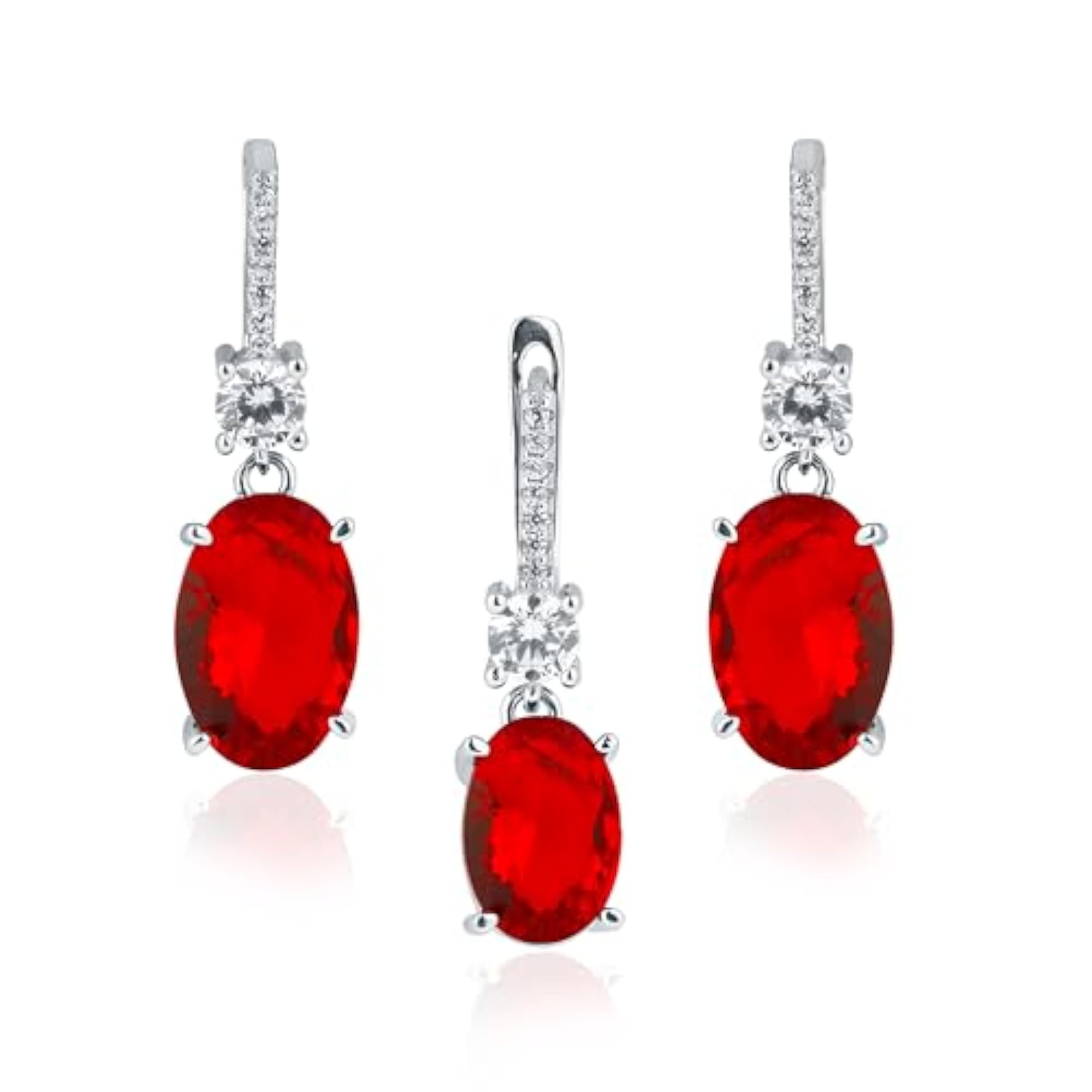 Women's 925 Sterling Silver Oval Ruby Pendant & Earrings Set