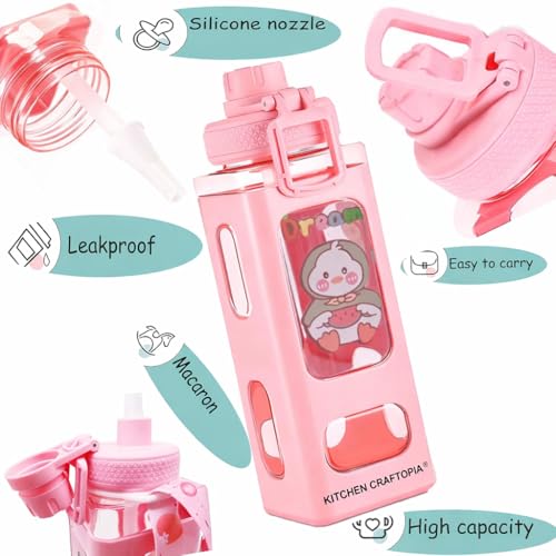 Image of Kawaii Water Bottle for Girls with Straw & Movable Handle | Cute Plastic Bottle with 2D & 3D Stickers | Stylish School & Travel Bottle for Kids (750 ml)