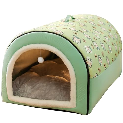 Cuccia Igloo Cane con Cuscino Removibile, Cuccia Cane Chiusa 2 in 1 Calda e Accogliente, Casetta per Cani da Interno Antiscivolo in Peluche e Cotone PP per Gatti Cani Conigli(Green,50 X 40 X 35 cm)